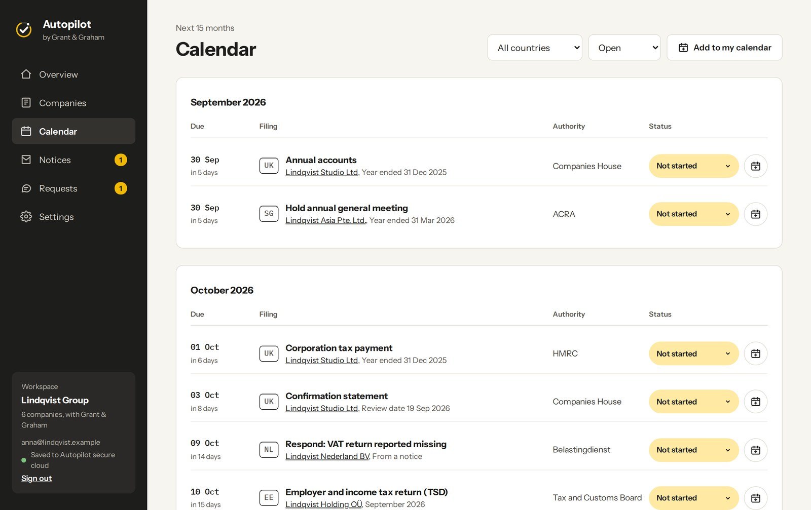 The Calendar page: September and October 2026 deadlines across UK, Singapore, Netherlands and Estonia companies