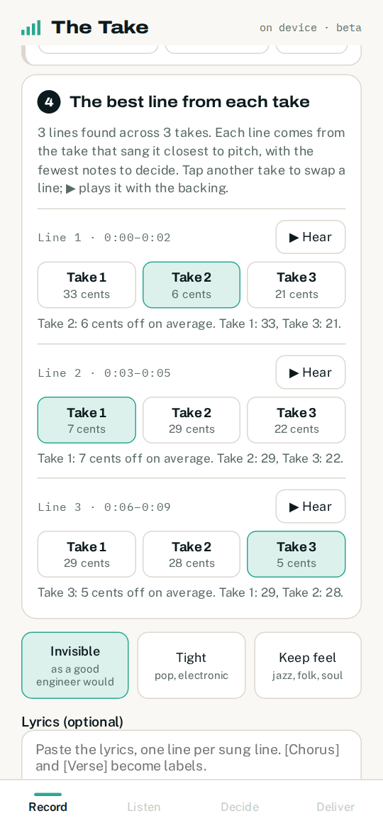 The comp: each line with the take chosen for it, the cents off for every take, and the reason